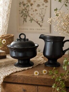 🖤 Vintage Mikasa “Peasantries” Brown‑Black Sugar Bowl & Creamer Set – Japan